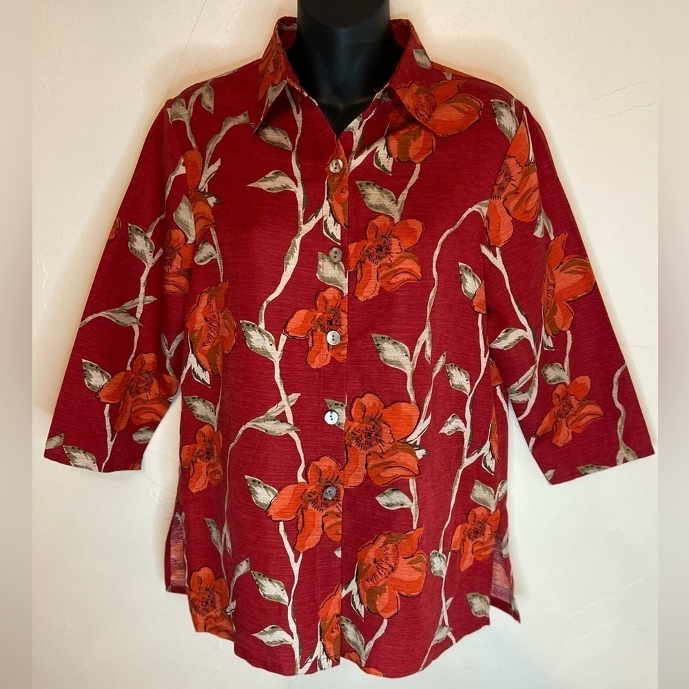 French Laundry~Silk/Ramie Floral Button-Up Blouse~3/4 Sleeves~Side Slits~Size S
